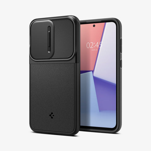 ACS05639 - Galaxy S23 Ultra Case Optik Armor in black showing the back with lens protector slot open